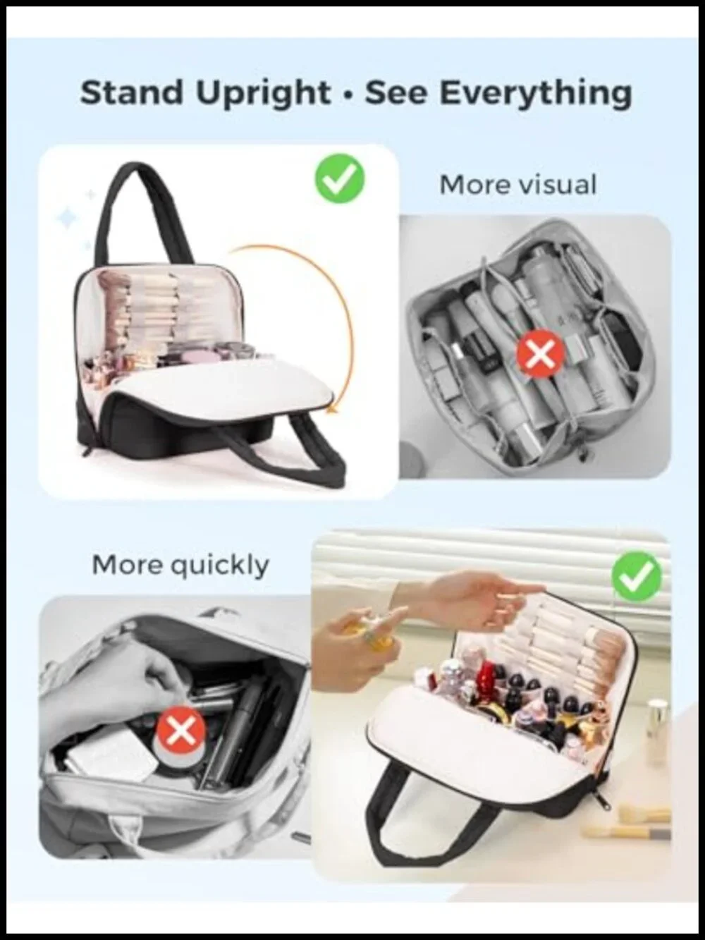 Fold-down Travel Makeup Bag with Handle & Divider, EVA Lining, Brush Holder
